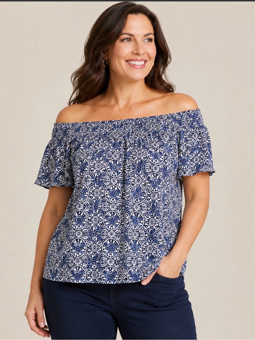 Dana Buchman Women's Blue Printed Off-Shoulder Top Size XL